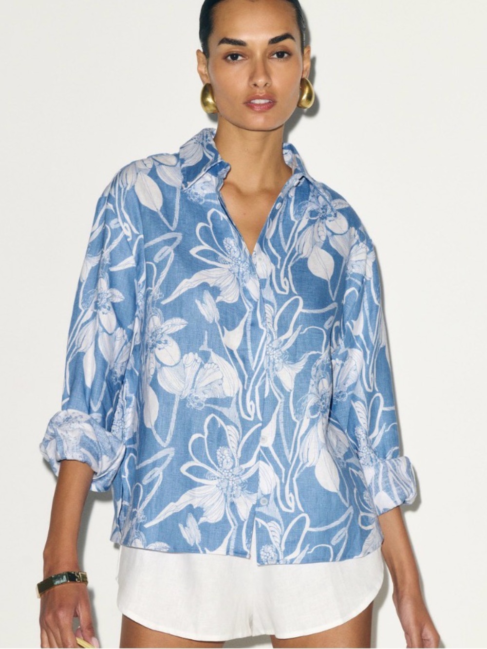 Reformation June Floral Linen Boxy Blue Button Down Blouse Shirt Top Medium M